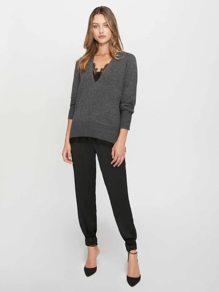 Shop Brochu Walker Sweaters The Lace Vee Looker Pullover Dark Charcoal Melange With Black Lace