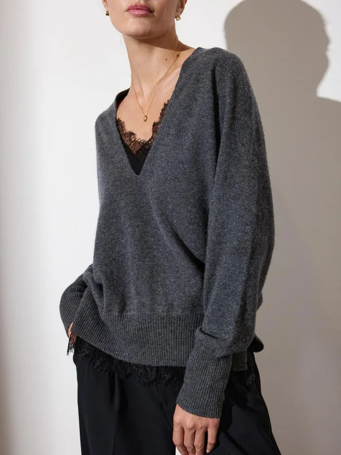 Shop Brochu Walker Sweaters The Lace Vee Looker Pullover Dark Charcoal Melange With Black Lace