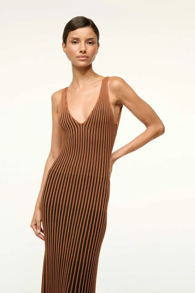STAUD CLARETTA DRESS Tan Black Women Dresses STAUD CLARETTA DRESS Tan Black Women Dresses