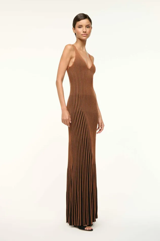 STAUD CLARETTA DRESS Tan Black Women Dresses STAUD CLARETTA DRESS Tan Black Women Dresses