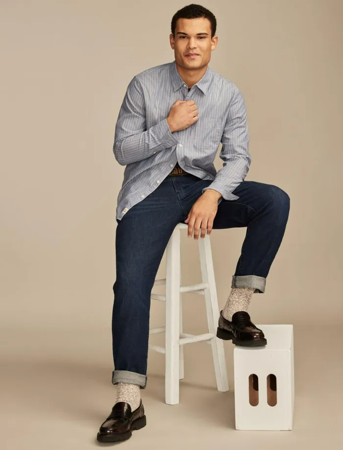 Striped San Gabriel One Pocket Long Sleeve Shirt Blue Stripe Men Lucky Brand ButtonDowns