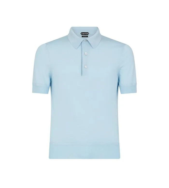 TOM FORD Knitwear Men FINE GAUGE CASHMERE SILK POLO Sky Blue