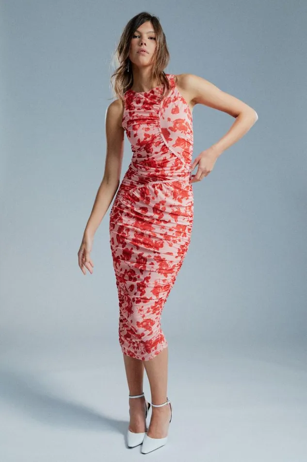 Women Bardot Day To Night Dresses Felicia Mesh Midi Dress In Red Floral