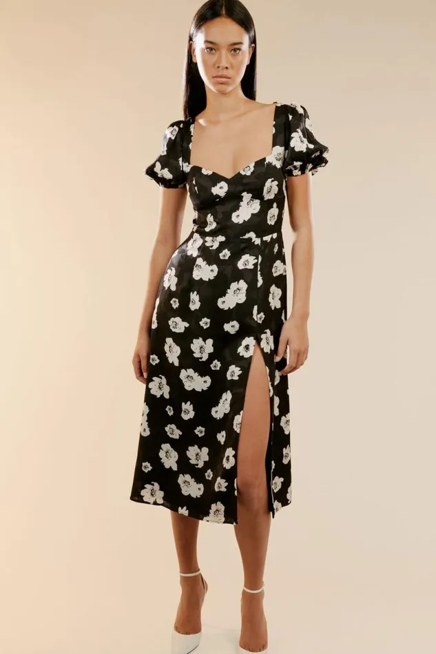 Women Bardot Day To Night Dresses Gillian Midi Dress In Blk Floral