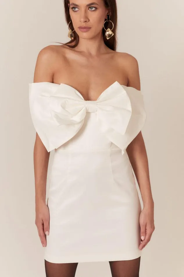 Women Bardot Party Dresses Mini Bow Dress In White