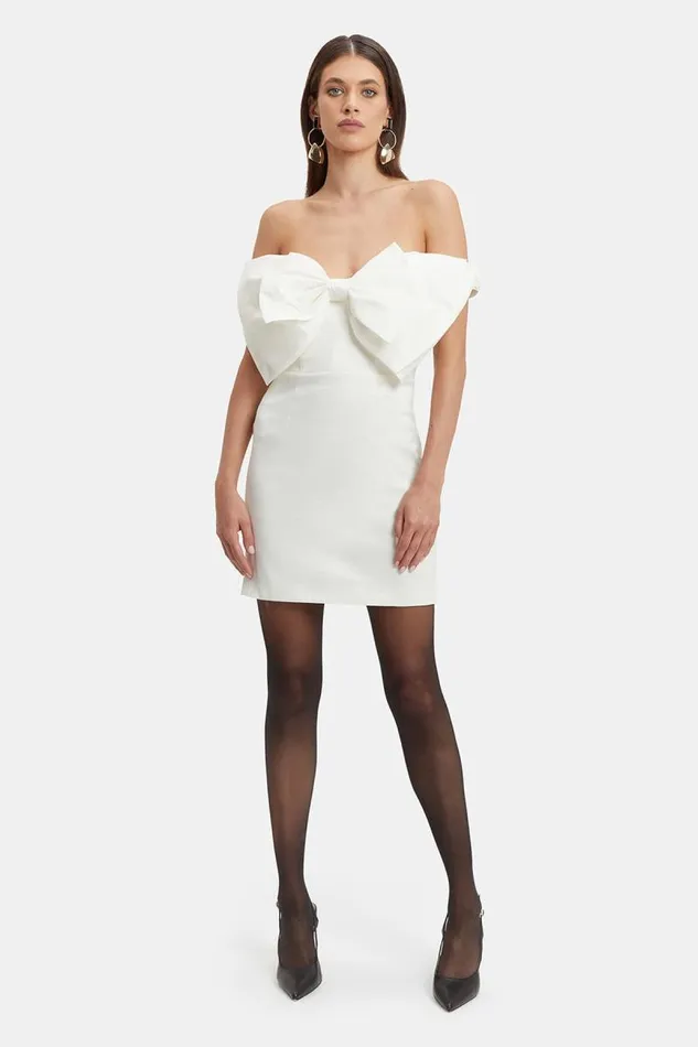 Women Bardot Party Dresses Mini Bow Dress In White Women Bardot Party Dresses Mini Bow Dress In White