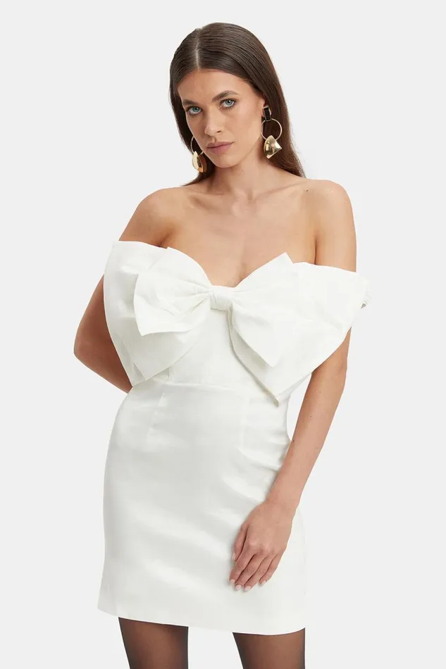 Women Bardot Party Dresses Mini Bow Dress In White Women Bardot Party Dresses Mini Bow Dress In White