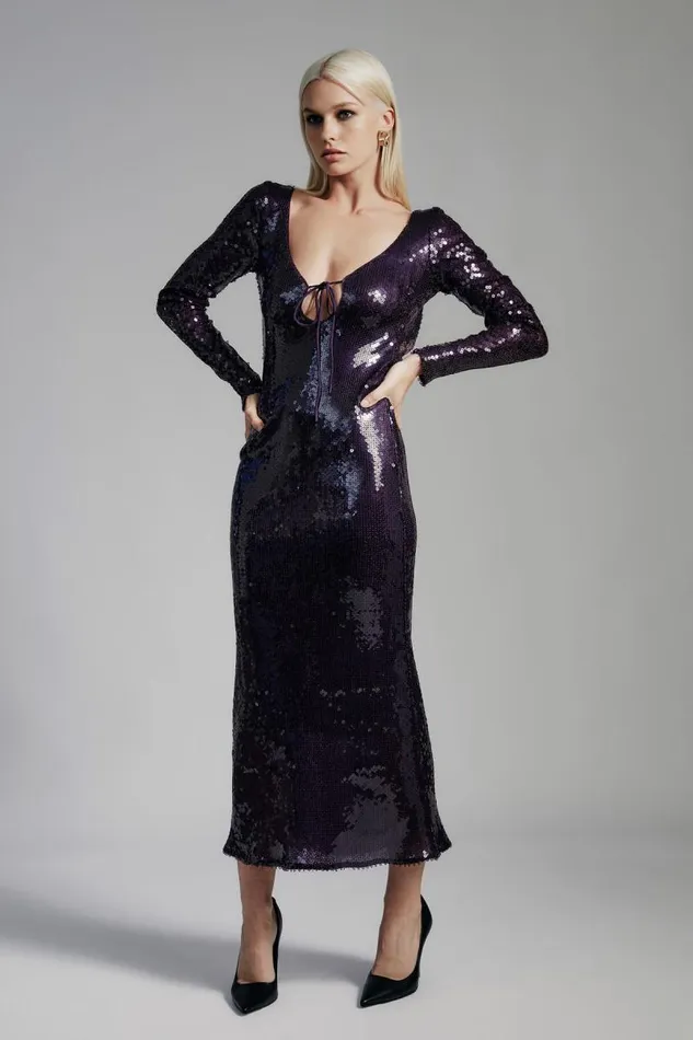 Women Bardot Party Dresses Verona Sequin Maxi Dress In Purple