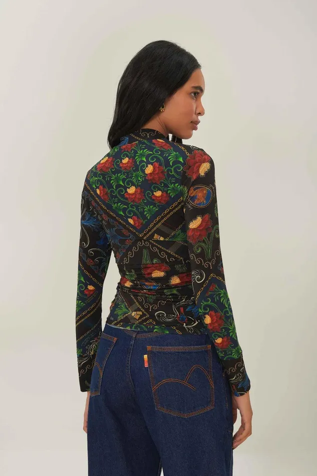 Women Blouses Farm Rio Black Mixed Arabesque Scarves Jersey Blouse