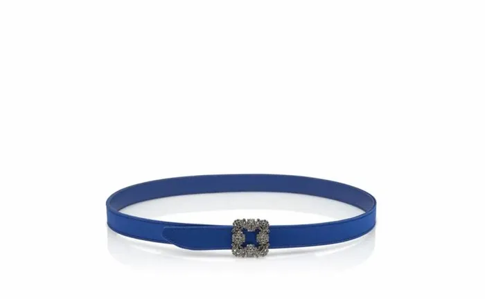 Women Blue Satin Crystal Buckled Belt Manolo Blahnik Belts