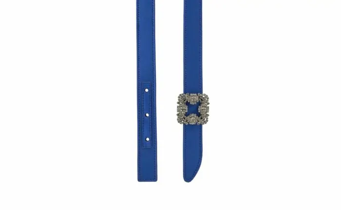 Women Blue Satin Crystal Buckled Belt Manolo Blahnik Belts