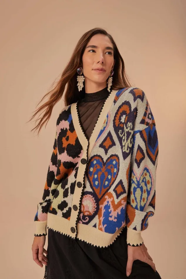 Women Cardigans Farm Rio Mixed Ikat Hearts Knit Cardigan