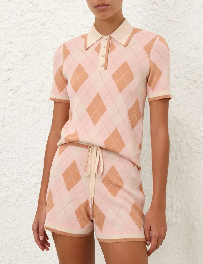 Women Clothing Zimmermann Acacia Argyle Knit Polo Pink Argyle