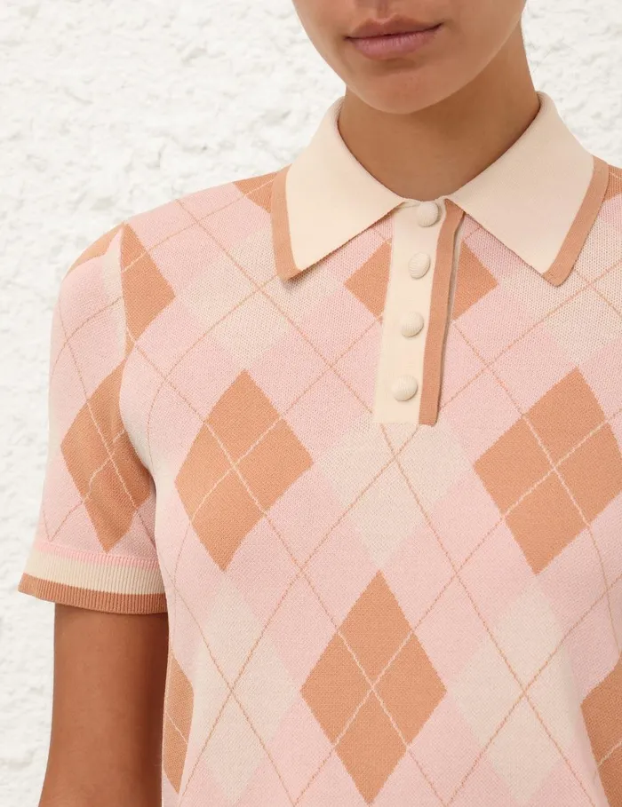 Women Clothing Zimmermann Acacia Argyle Knit Polo Pink Argyle