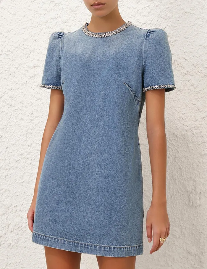 Women Clothing Zimmermann Crush Embellished Denim Dress Blue Moon