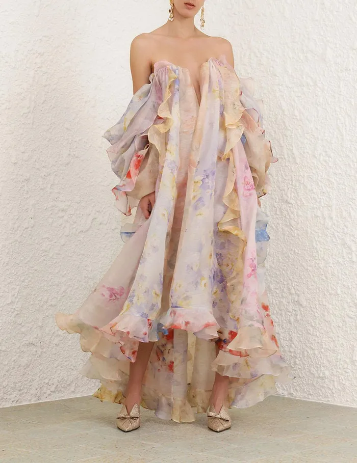 Women Clothing Zimmermann Crush Strapless Ruffle Dress Spliced Floral