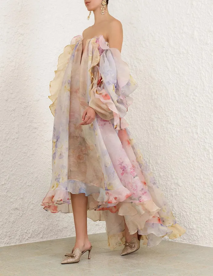 Women Clothing Zimmermann Crush Strapless Ruffle Dress Spliced Floral