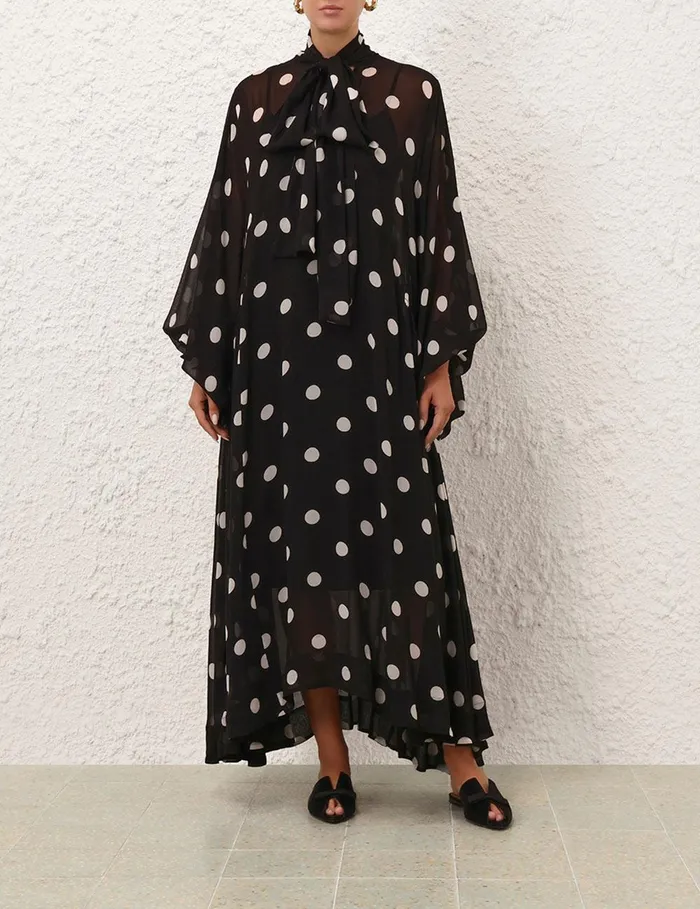 Women Clothing Zimmermann Crush Tie Neck Billow Dress Blackcream Dot