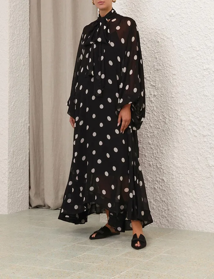 Women Clothing Zimmermann Crush Tie Neck Billow Dress Blackcream Dot
