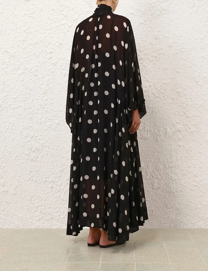 Women Clothing Zimmermann Crush Tie Neck Billow Dress Blackcream Dot