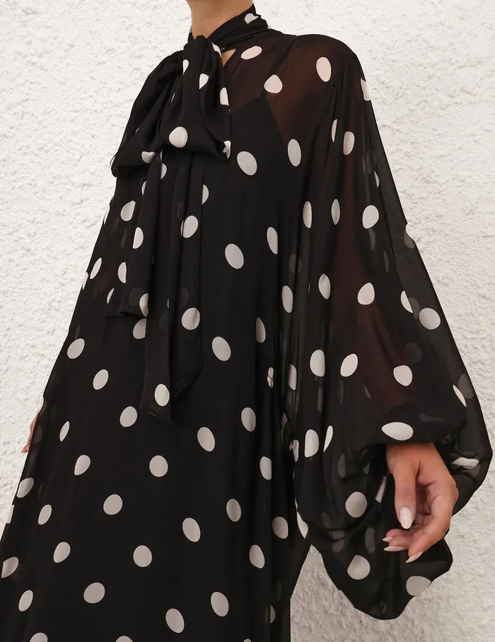 Women Clothing Zimmermann Crush Tie Neck Billow Dress Blackcream Dot