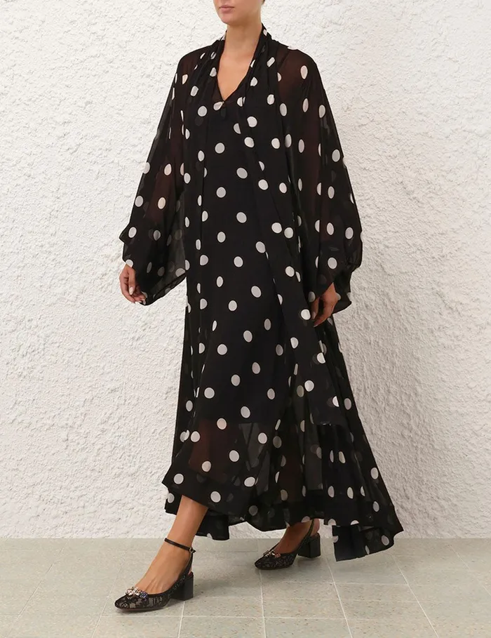 Women Clothing Zimmermann Crush Tie Neck Billow Dress Blackcream Dot