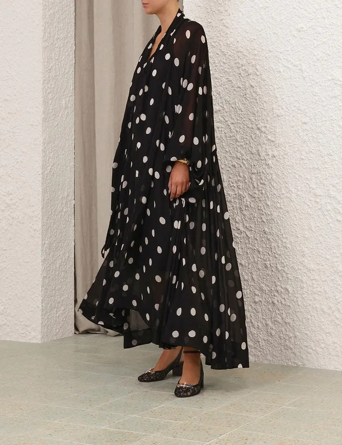 Women Clothing Zimmermann Crush Tie Neck Billow Dress Blackcream Dot