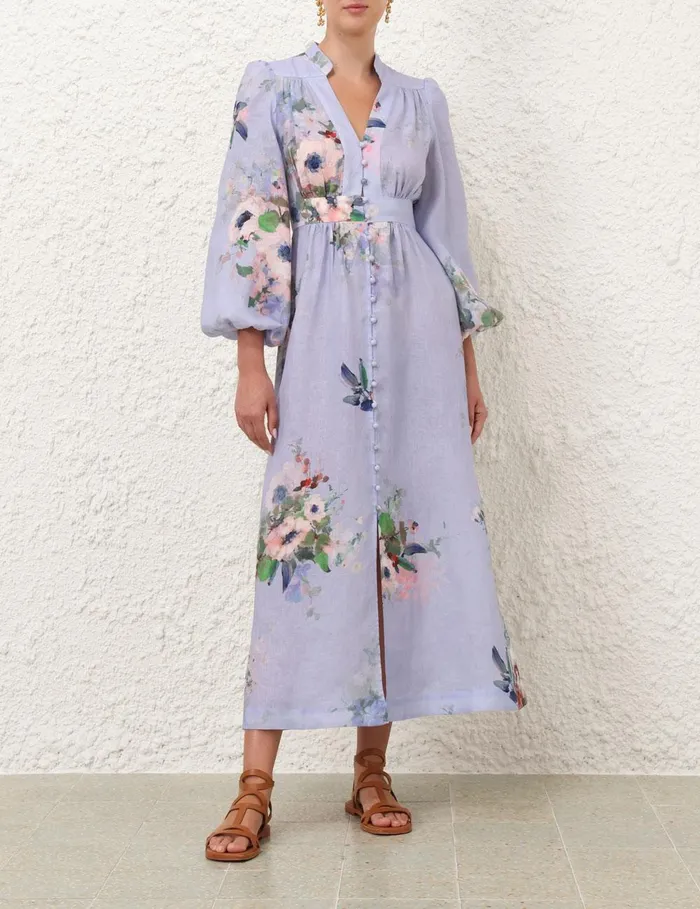 Women Clothing Zimmermann Everley Plunge Midi Dress Light Blue Watercolour Floral