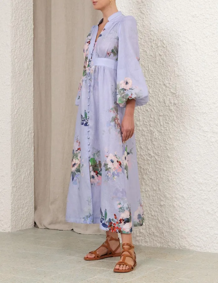 Women Clothing Zimmermann Everley Plunge Midi Dress Light Blue Watercolour Floral