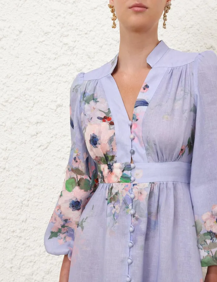 Women Clothing Zimmermann Everley Plunge Midi Dress Light Blue Watercolour Floral