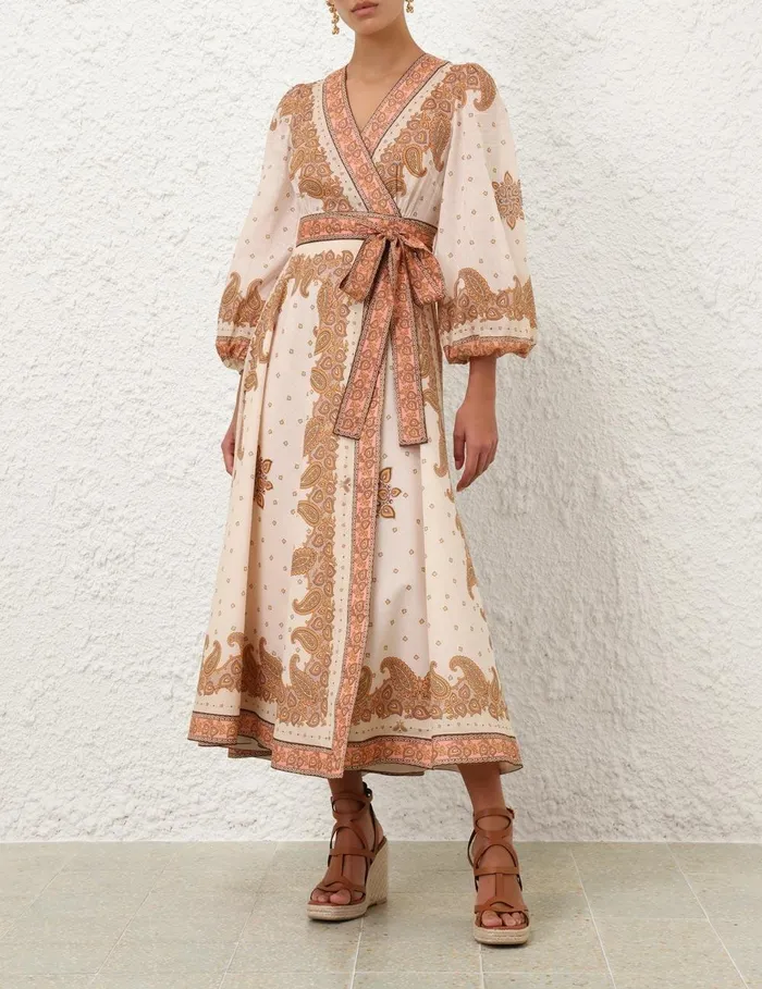 Women Clothing Zimmermann Maxine Midi Wrap Dress Orange Paisley