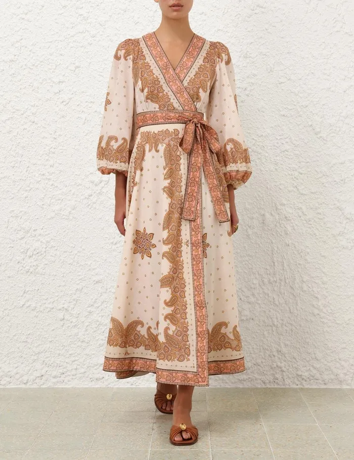Women Clothing Zimmermann Maxine Midi Wrap Dress Orange Paisley