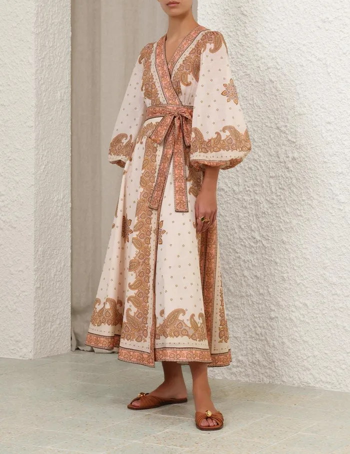Women Clothing Zimmermann Maxine Midi Wrap Dress Orange Paisley