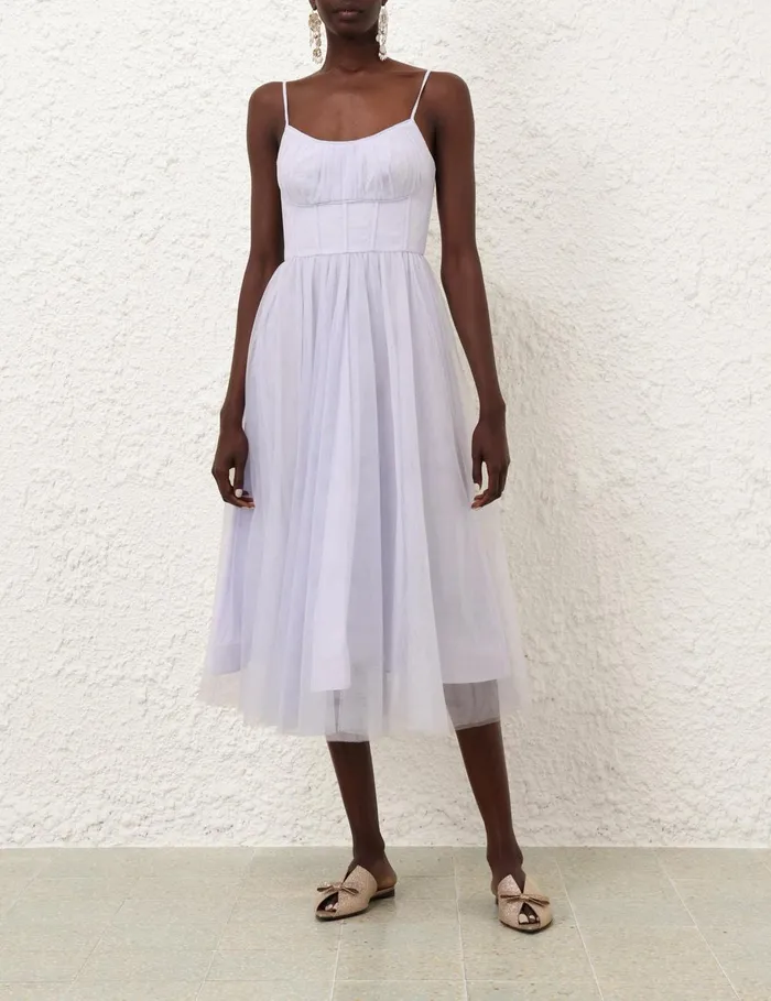 Women Clothing Zimmermann Tulle Corset Midi Dress Light Blue