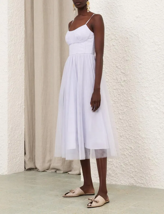 Women Clothing Zimmermann Tulle Corset Midi Dress Light Blue
