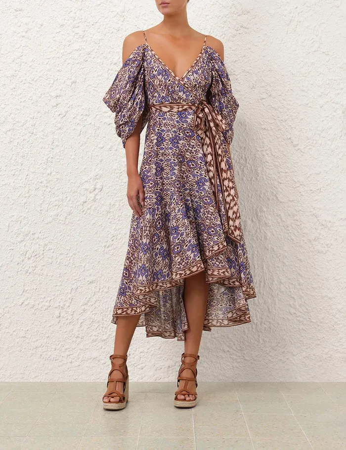 Women Clothing Zimmermann Wylie Wrap Midi Dress Cornflower Ikat