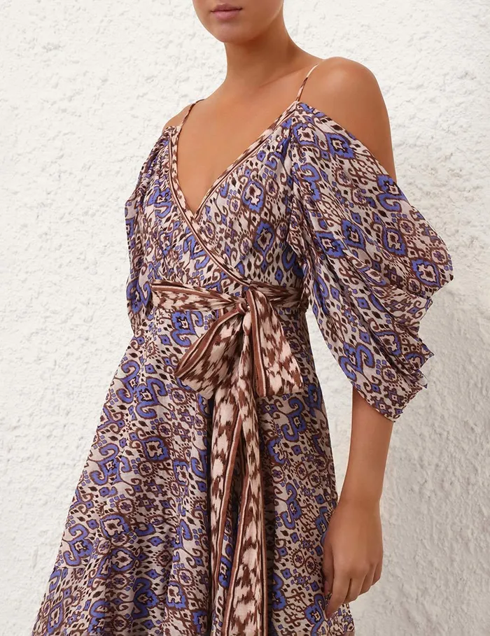 Women Clothing Zimmermann Wylie Wrap Midi Dress Cornflower Ikat