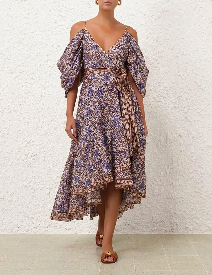 Women Clothing Zimmermann Wylie Wrap Midi Dress Cornflower Ikat