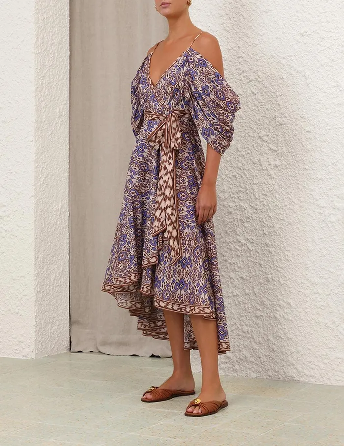Women Clothing Zimmermann Wylie Wrap Midi Dress Cornflower Ikat