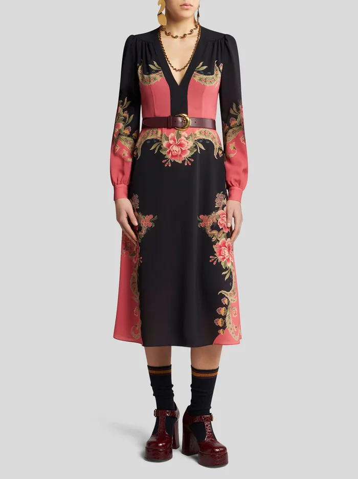 Women Etro Dresses Midi Dress With Placed Floral Print Navy Blue Women Etro Dresses Midi Dress With Placed Floral Print Navy Blue