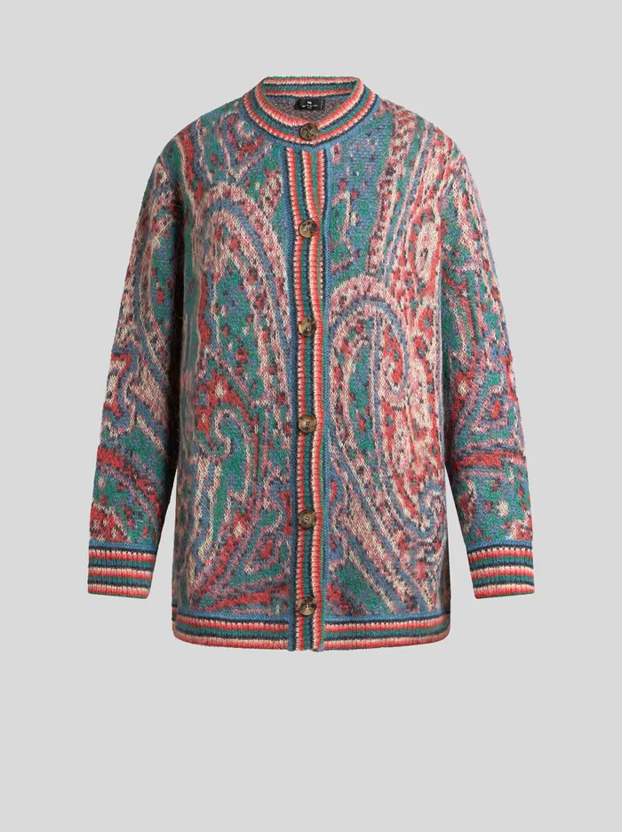 Women Etro Knitwear Mohair Maxi Cardigan With Paisley Motif Light Blue