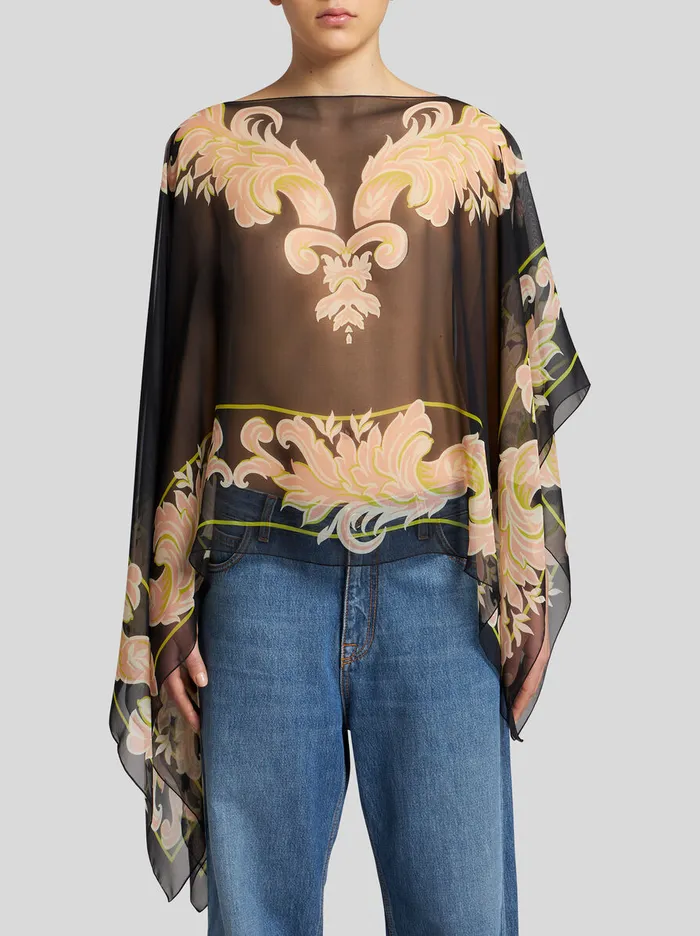 Women Etro Tops Printed Silk Poncho Black Women Etro Tops Printed Silk Poncho Black
