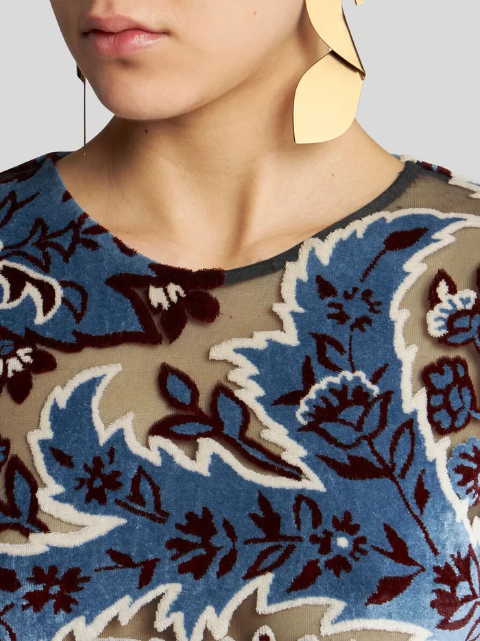 Women Etro Tops Tulle And Jacquard Velvet Top Light Blue Women Etro Tops Tulle And Jacquard Velvet Top Light Blue
