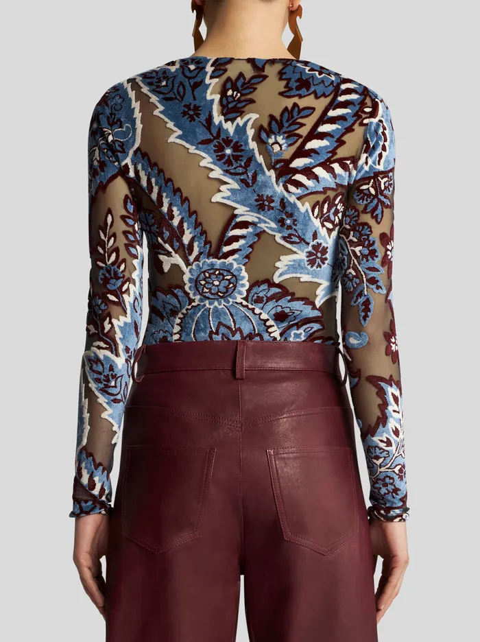 Women Etro Tops Tulle And Jacquard Velvet Top Light Blue Women Etro Tops Tulle And Jacquard Velvet Top Light Blue