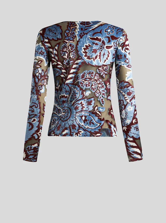Women Etro Tops Tulle And Jacquard Velvet Top Light Blue Women Etro Tops Tulle And Jacquard Velvet Top Light Blue