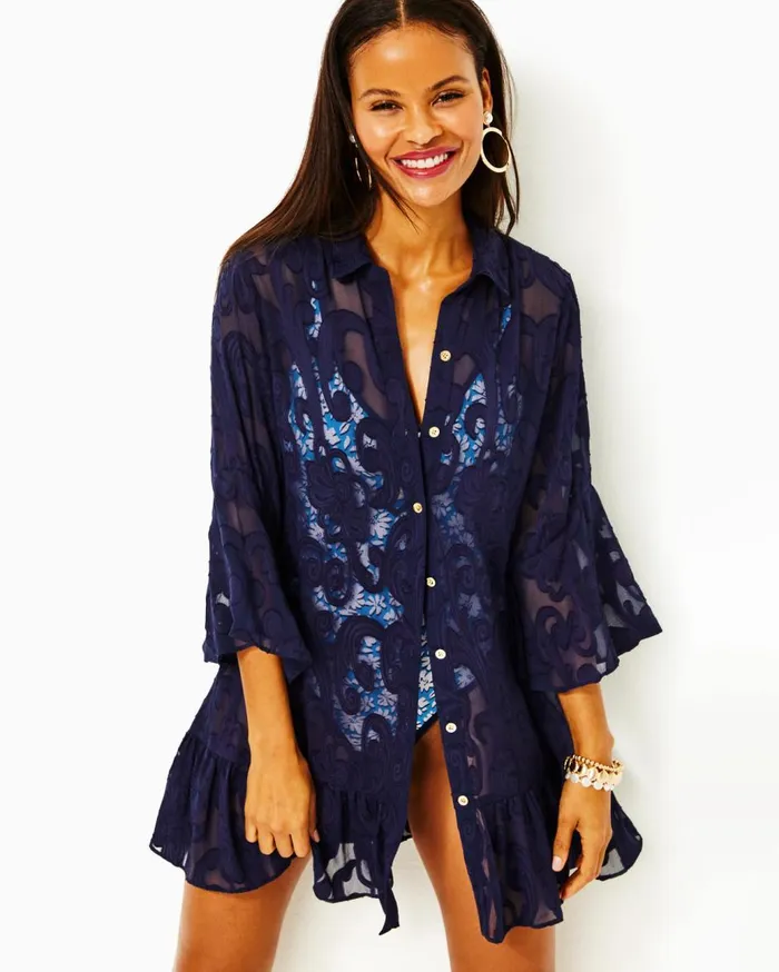 Women Lilly Pulitzer Swim Linley CoverUp Resort White Poly Crepe Swirl Clip