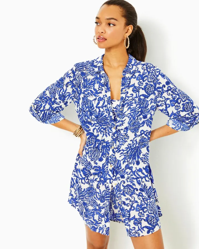 Women Lilly Pulitzer Swim Natalie Shirtdress CoverUp Lunar Blue Palm Beach Petals Women Lilly Pulitzer Swim Natalie Shirtdress CoverUp Lunar Blue Palm Beach Petals