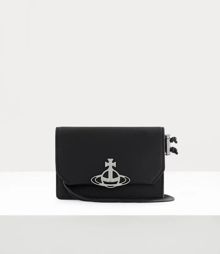 WomenMen Grain Leather Card Holder Strap Black Vivienne Westwood Wallets And Purses