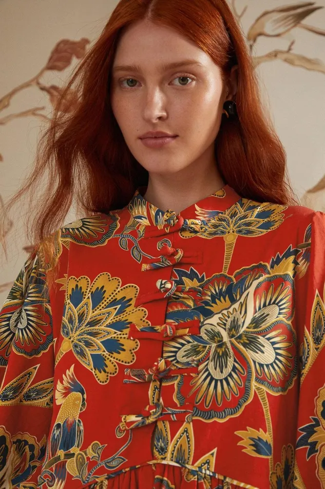 Women Mini Dresses Farm Rio Red Maxi Floral Long Sleeve Mini Dress