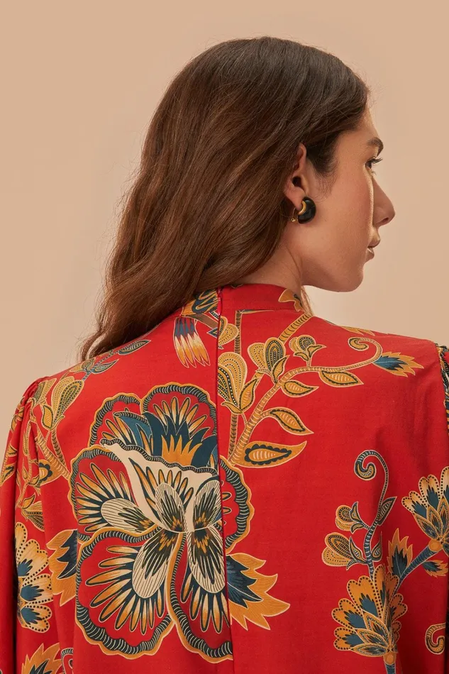Women Mini Dresses Farm Rio Red Maxi Floral Long Sleeve Mini Dress